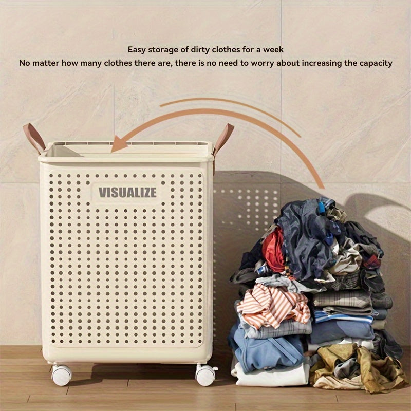 11/15/17.5 Gallon Foldable Laundry Basket with Wheels, Breathable Plastic Rolling Laundry Hamper with Faux Leather Handles, Space-Saving Clothes Storage Bin for Bathroom And Bedroom, Laundry Baskets