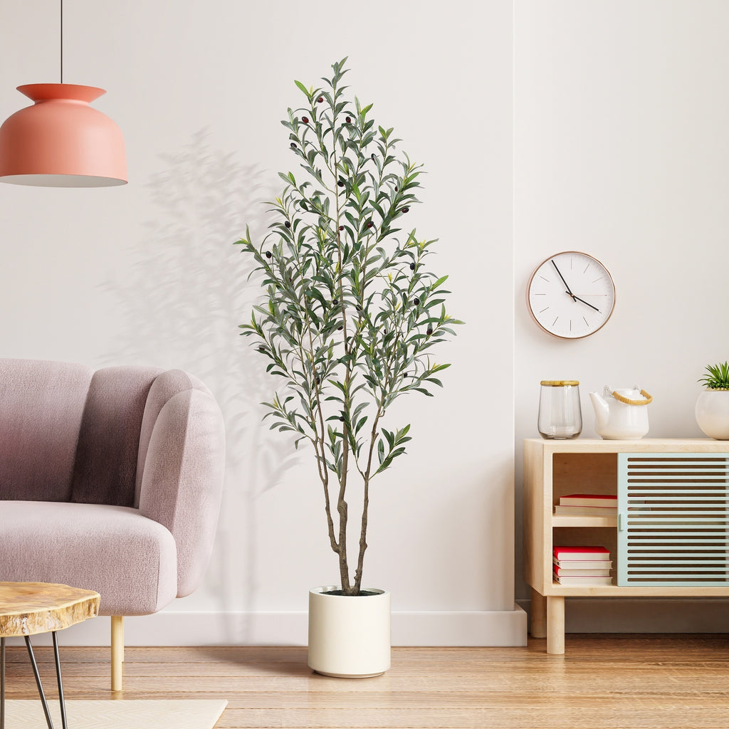 Large Artificial Olive Tree with Multi-Trunk, Realistic Silk-like Leaves & Fruits in Beige Planter - Indoor/Outdoor Fake Olive Tree for, Office, Mediterranean Decor - Low-Maintenance Plant with Container (No Watering/Easy Setup)
