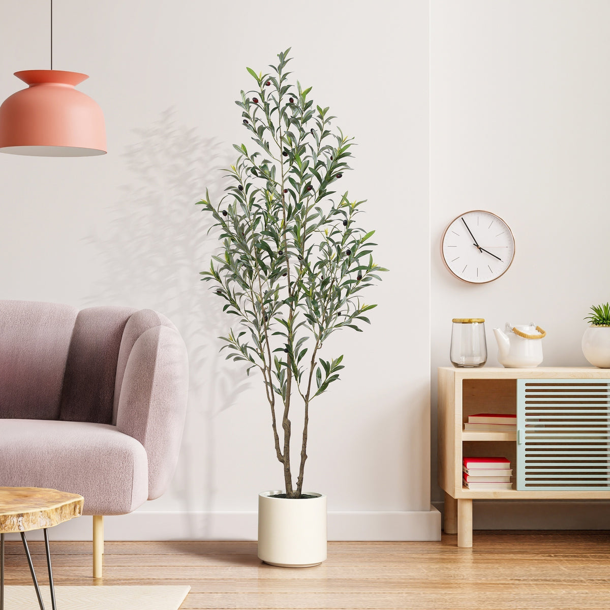 Large Artificial Olive Tree with Multi-Trunk, Realistic Silk-like Leaves & Fruits in Beige Planter - Indoor/Outdoor Fake Olive Tree for, Office, Mediterranean Decor - Low-Maintenance Plant with Container (No Watering/Easy Setup)