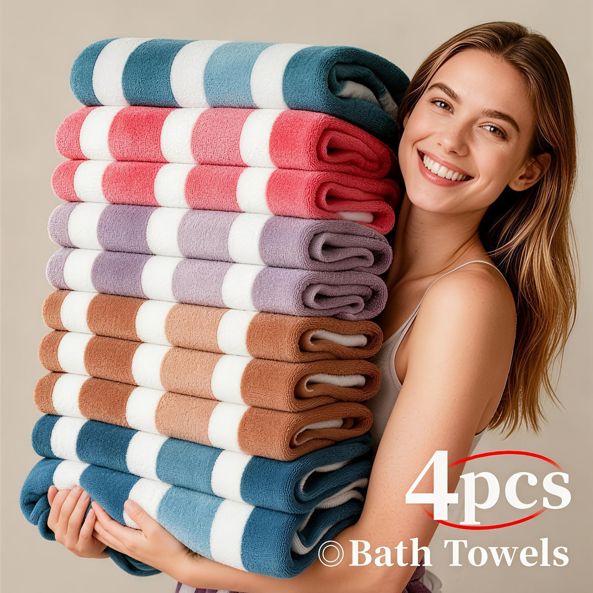 1/4 Or 5pcs Bath Towel Set with Bath Loofah, Highly Absorbent And Quick-Drying | Ultra-Soft Microfiber Beach Towels for Adults, Two-Color Striped Interval Bath Towels Perfect for The Beach, Spa, Gym & Home Bathroom Essentials - 27 X 55 Inches