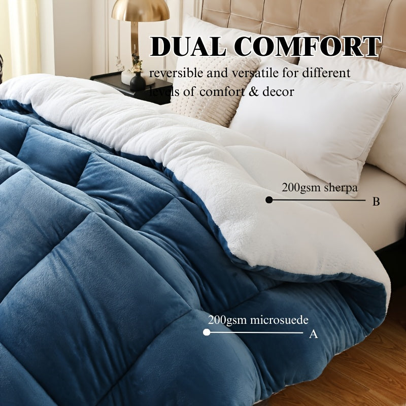 1pc Thick Soft Comforter Plush Flannel Sherpa Comforter, 600G Filling Ultra Breathable All Season Comforter Double-Sided, Box Stitch Solid Color Comforter For Bedroom, Warm For Autumn And Winter Comforter, Gift, Home Deco