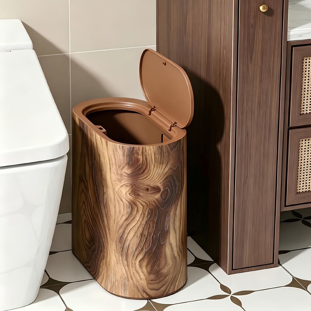 2pcs Trash Can with Marble And Wood Grain Pattern, Plastic Wastebasket with Built-in Handles, Easy to Clean, Rustproof, Space-Saving Design, Ideal for Small Spaces In Bathroom, Laundry, And Home Office, (2pcs/1pc), Halloween Gifts, Christmas Gifts