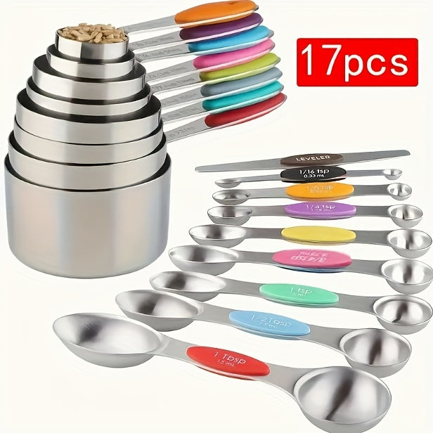 8pcs Measuring Cups/ 9pcs Measuring Spoons/ 17pcs Measuring Cups + Measuring Spoons Are Suitable For Both Dry And Liquid Ingredients - Very Suitable For Kitchen Tools, Kitchen Supplies, And Kitchen Accessories For Cooking And Baking.