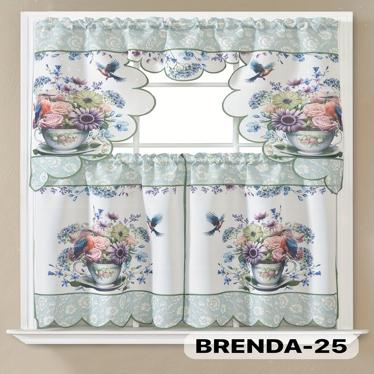3pcs Bamboo Embroidered Kitchen Curtain Set, Floral Embroidery, Lightweight and Soft, Easy Care, Machine Washable, Satin Fabric, Embroidered