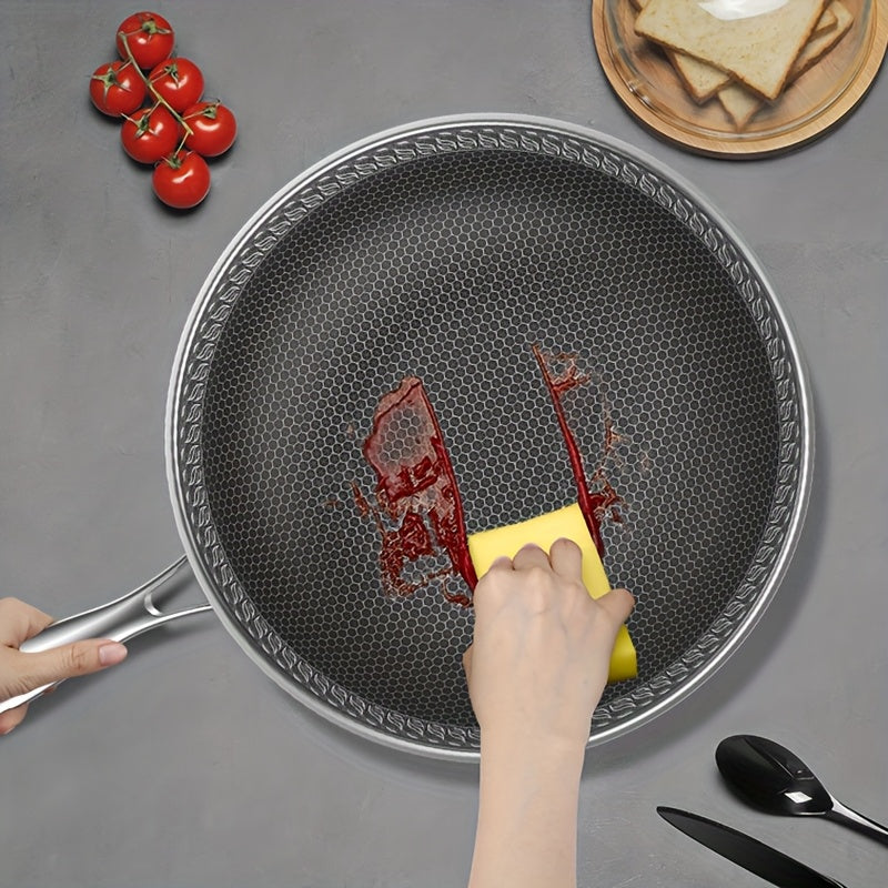 13.3-Inch Tri-Ply Stainless Steel Non-Stick Wok with Lid And 2pcs Cookware Additions, Honeycomb Design, Home Cooking Pan, Suitable for All Stoves, Kitchen Utensils, Kitchen Tools, Kitchen Accessory, Kitchen Supplies Camping