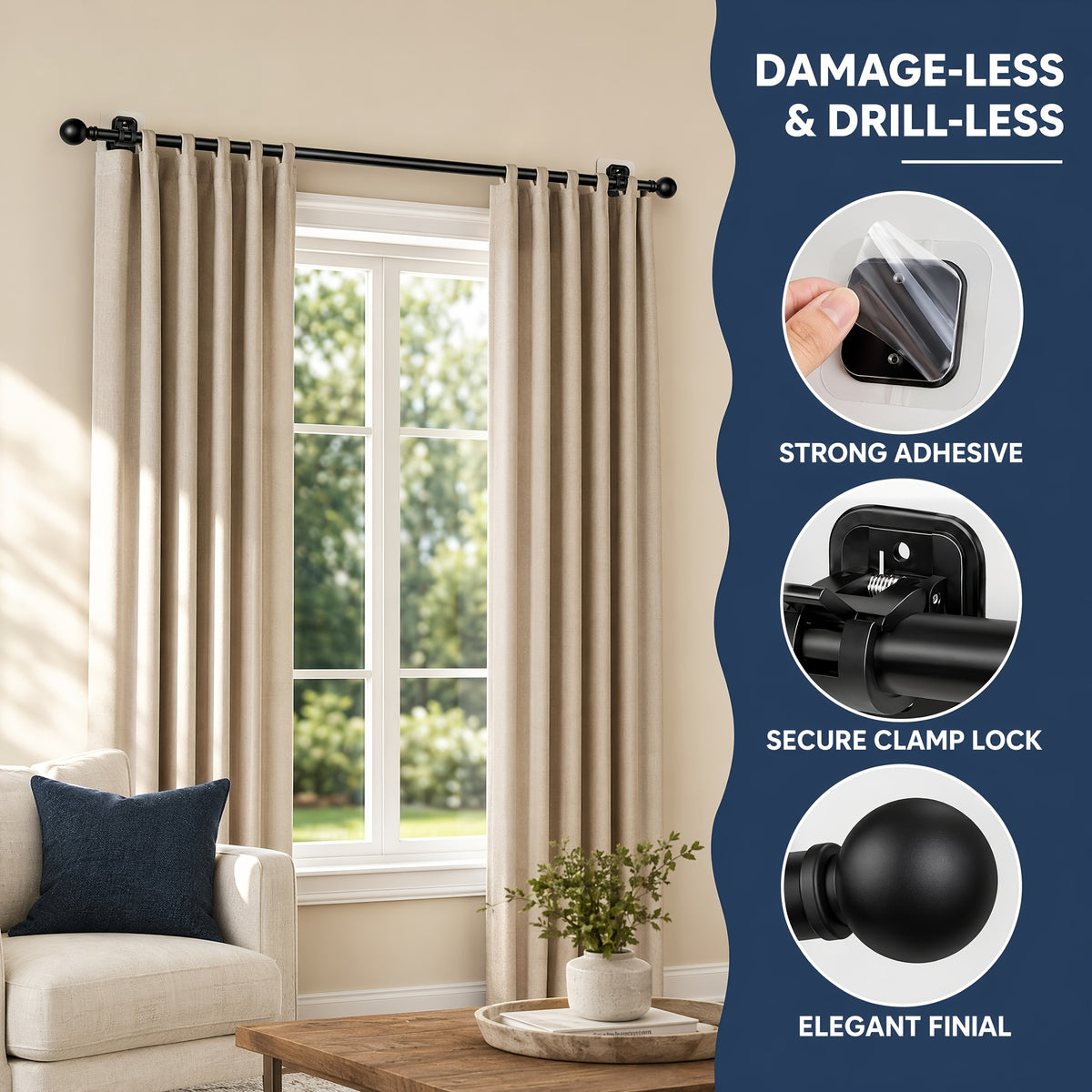 Curtain Rods No Drilling For Windows, 5/8 Inch Diameter Drapey Pole With No Drill Curtain Rod Brackets (2pcs, Black, 30 To 45")