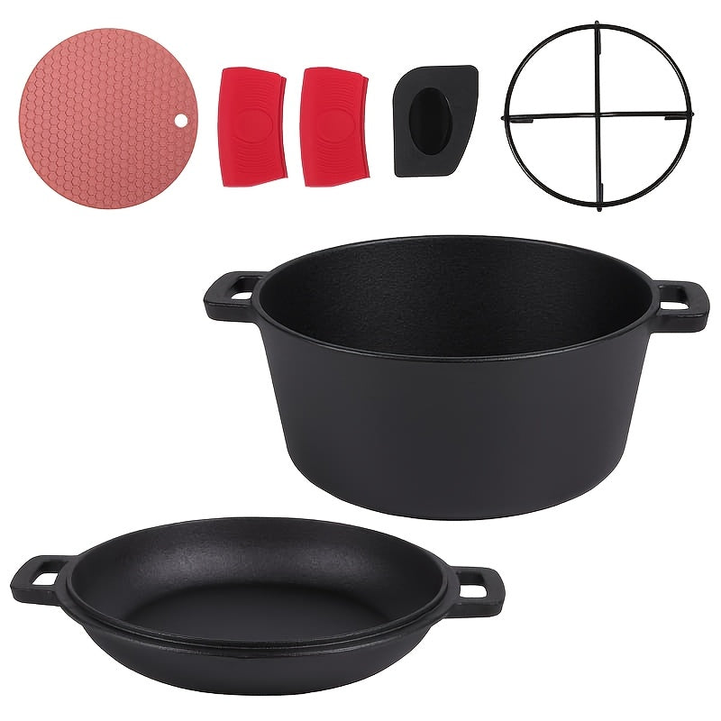 7QT Hand-built 2-in-1 Cast Iron Cookware Set (5.1QT Dutch Oven + 1.9QT Skillet) Dual-Purpose Holiday Cooking Kit For Stove, Induction, Oven, Campfire, With 2 Handles Outdoor BBQ &Indoor Make Sourdough Bread, Frying, Baking, Camping