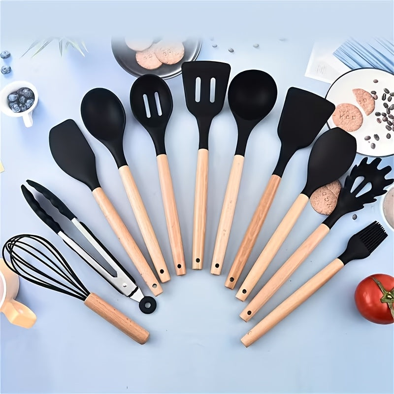 19pcs Non-Stick Silicone Cookware Set with Bamboo Storage Containers And Knives - Heat-Resistant Pots, Pans, Utensils - Kitchen Tools for Frying, Boiling - for Induction Stovetops And Ovens (Wooden Handle)