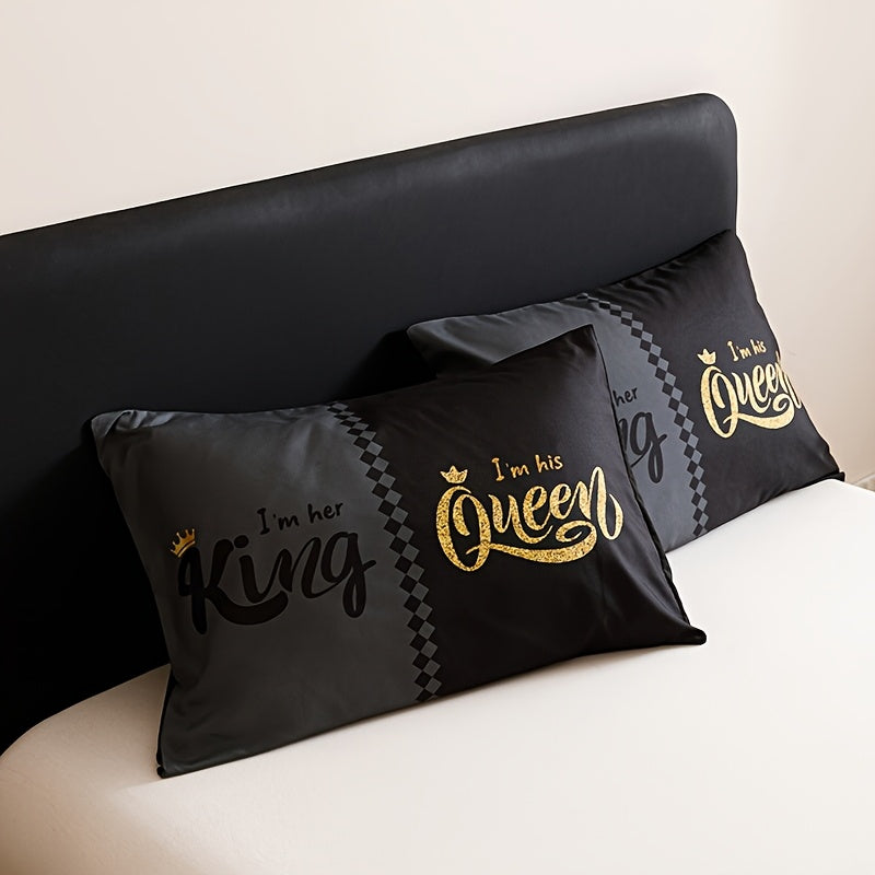 King and Queen Comforter Set, 3 Piece Crown Letter Print Bedding with 180 GSM Padding and Two Pillowcases for Bedroom and Dorm Decor