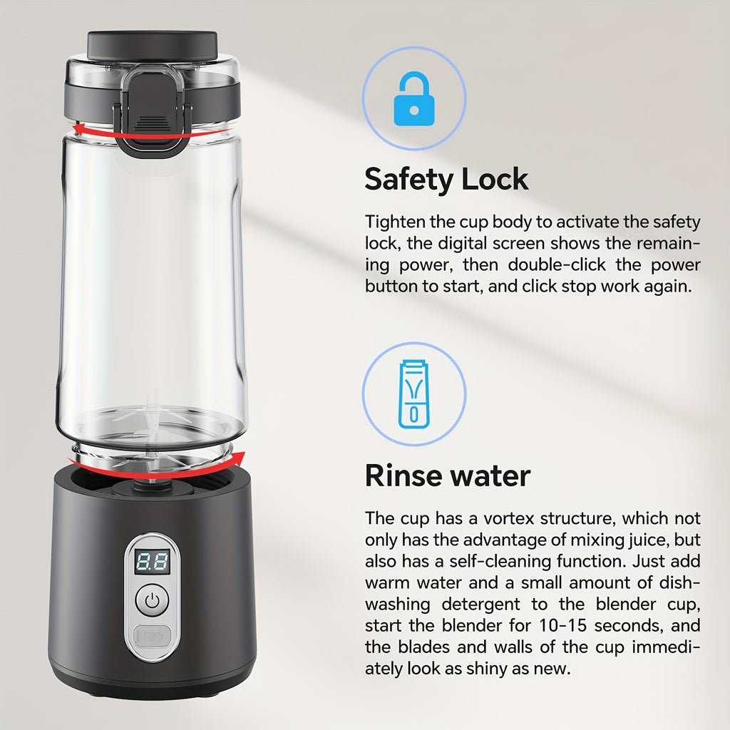 LALAYUAN USB-Powered Juicer & Juicer with Digital Timer, Battery Left Display, High-Speed Ice Crush, USB-C Fast Charge, One-Tap NO-Spill Lid, 6-Blade Stainless Steel - Smoothie Blender Portable, Protein Shakes, Gym, Travel Smoothie Maker