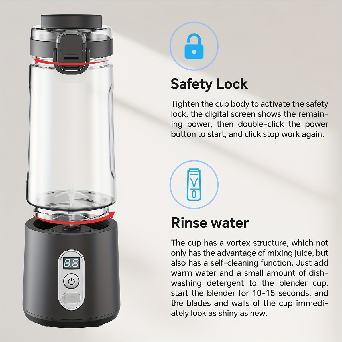 LALAYUAN USB-Powered Juicer & Juicer with Digital Timer, Battery Left Display, High-Speed Ice Crush, USB-C Fast Charge, One-Tap NO-Spill Lid, 6-Blade Stainless Steel - Smoothie Blender Portable, Protein Shakes, Gym, Travel Smoothie Maker