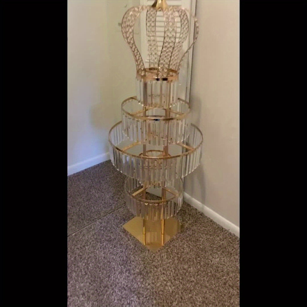 Gold Wedding Flower Stand, Five Tier Chandelier Style Metal Pedestal with Hanging Crystal Decorations for Aisle, Stage and Reception Centerpieces