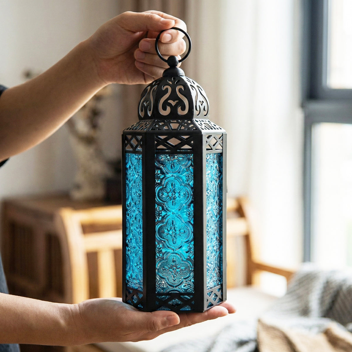 Decorative Moroccan Candle Lantern Holder, Medium, 10.5" Tall