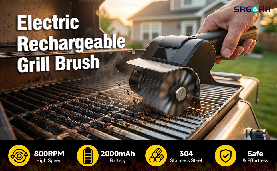 [Portable Outdoor BBQ Scrubber] Cordless Electric Grill Brush, 800 RPM Rotating Grill Cleaner, 2000Mah Rechargeable Battery, 304 Stainless Steel Bristles BBQ Cleaning Tool, Includes Replacement Brush Head And 1 Pair Gloves, Portable Outdoor Barbecue Grill