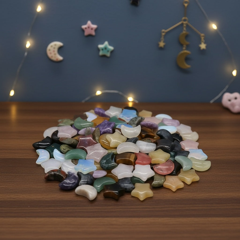 50pcs Random Stone Crystal Set, Star & Moon Crystal Worry Stones, Polished Thumb Gemstones For Meditation, Balancing, Reiki, Witchcraft, And for home Decor