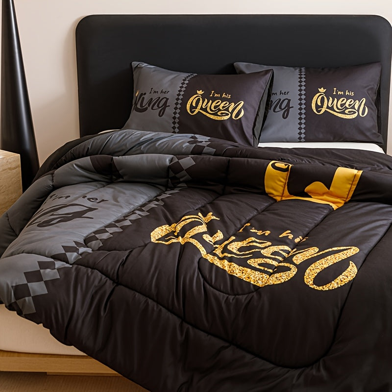 King and Queen Comforter Set, 3 Piece Crown Letter Print Bedding with 180 GSM Padding and Two Pillowcases for Bedroom and Dorm Decor