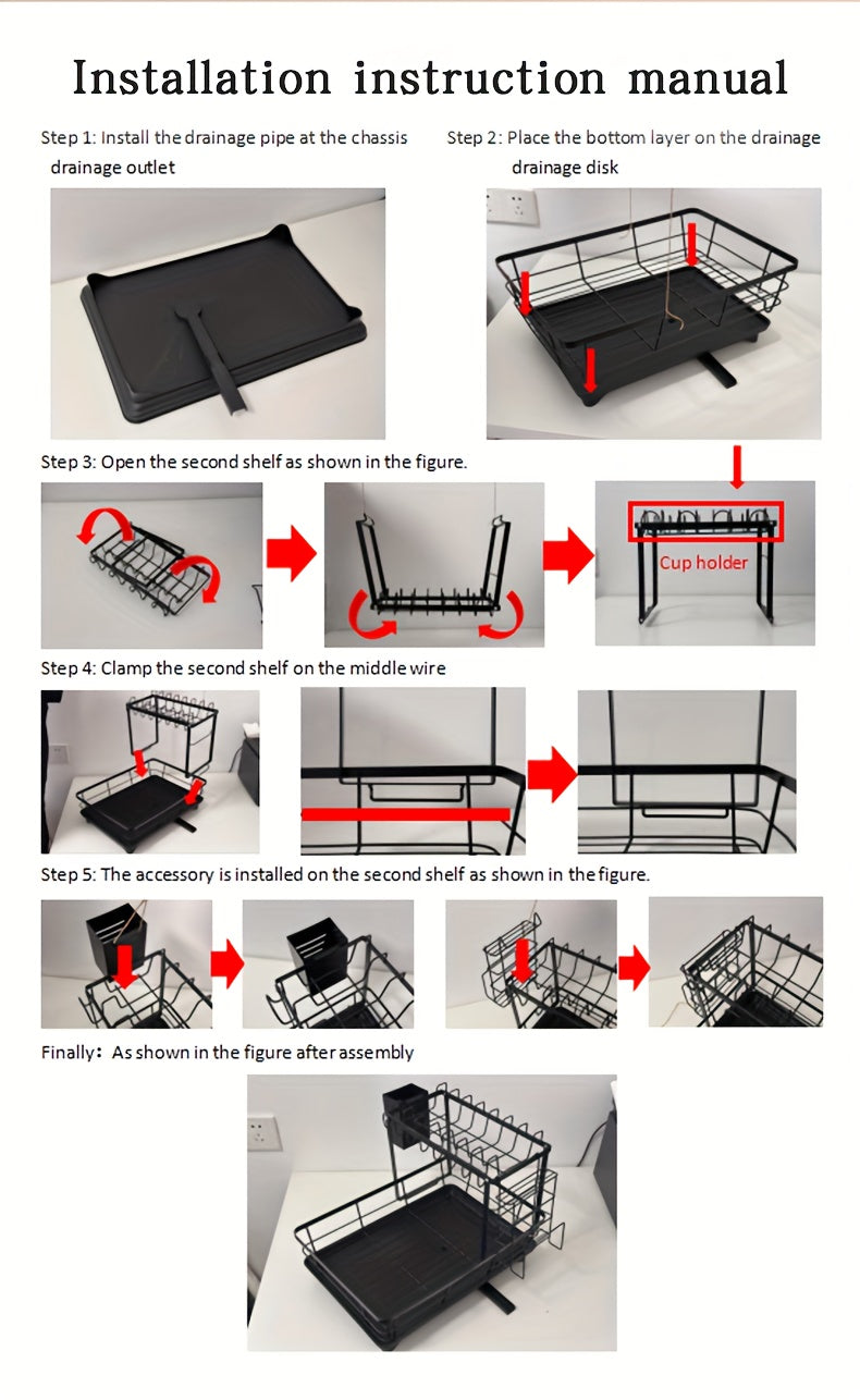 2-Tier Metal Dish Drying Rack, Suitable for Types of Countertops. Space-saving and Durable, Comes with Cutlery Holder, Cup Holder, and Rust-proof Drip Tray. Helps Your Kitchen Neat and Organized.