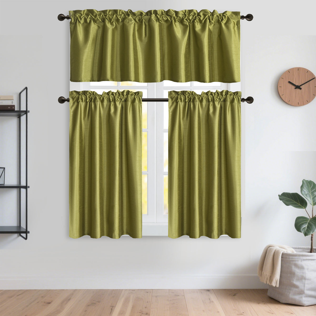 3 Panels Faux Silk Solid Color Sheer Kitchen Curtains Set Rod Pocket Design with 2 Tiers 26x36 inch Each and 1 Valance 52x14 inch for Kitchen Bathroom Privacy Drapes and curtains