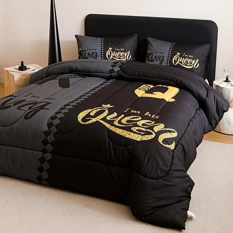 Tog 3 3pcs Super Soft Breathable Black Grey Color Blocking Crown Letter Thickening Quilt Set (1 Comforter +2 Pillowcases Without Pillow Core), Contains Padding 180gsm Quilting Soft Ventilate Digital Printing Bedroom Dormitory At Home