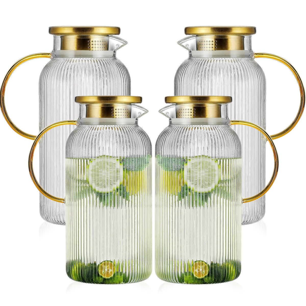 FBL&HM 2/4 PACK Glass Pitcher With 304 Stainless Steel Lid, 68 Oz/ 2 Liter Classic Vertical Stripes Water Pitcher, Glass Water Carafe For Cold Brew, Coffee, Lemonade, Iced Sun Tea, Beverage, Milk, Heat Resistant