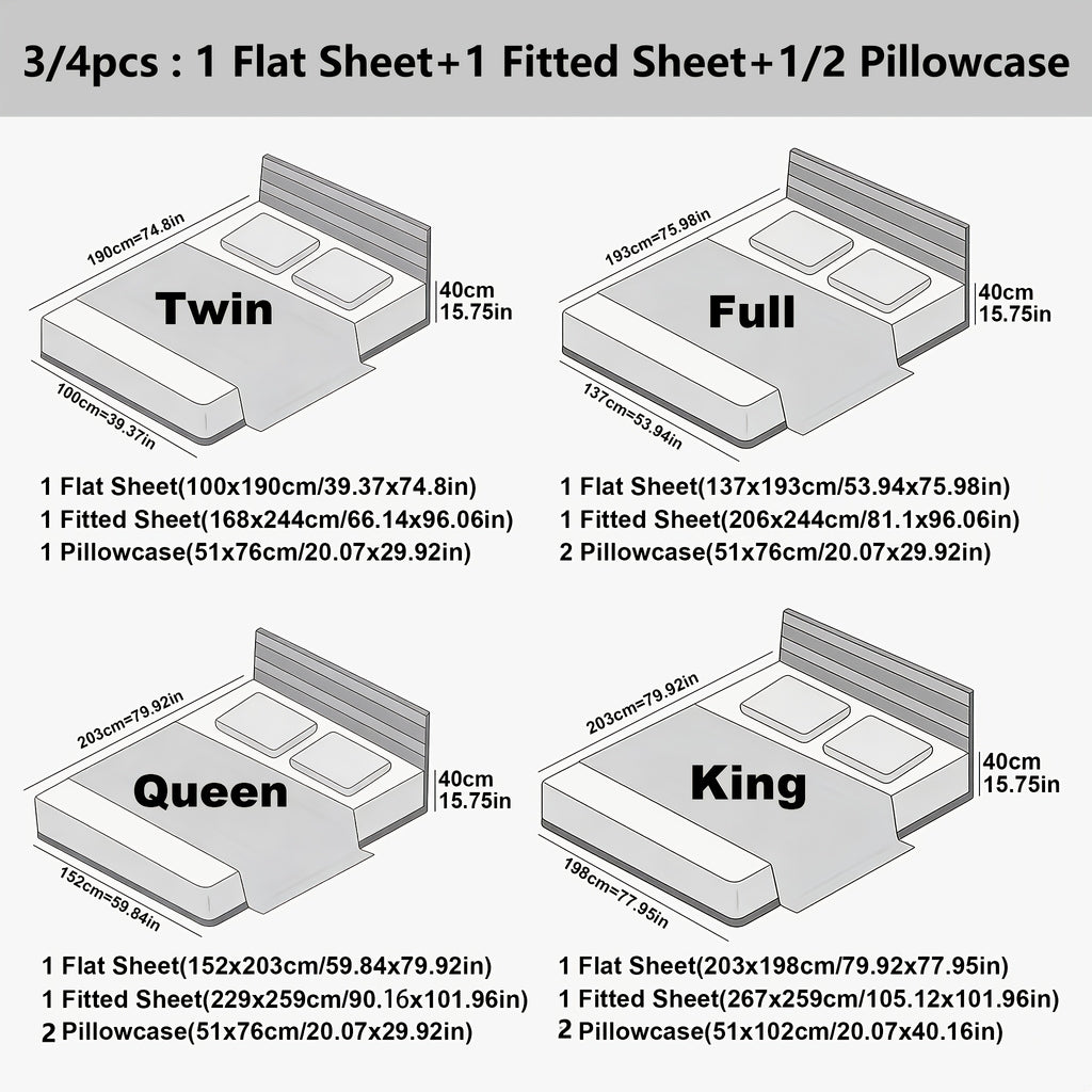 Ultra Soft Machine Washable Luxury Bed Sheet Set, 3/4pcs The Set Includes 1 Bed Cover, 1 Bed Sheet And 1/2 Pillowcase. 15.75" Deep Pocket, Shrinkage & Fade ResistantSuitable for Home Bedrooms, Guest Rooms And Hotels.