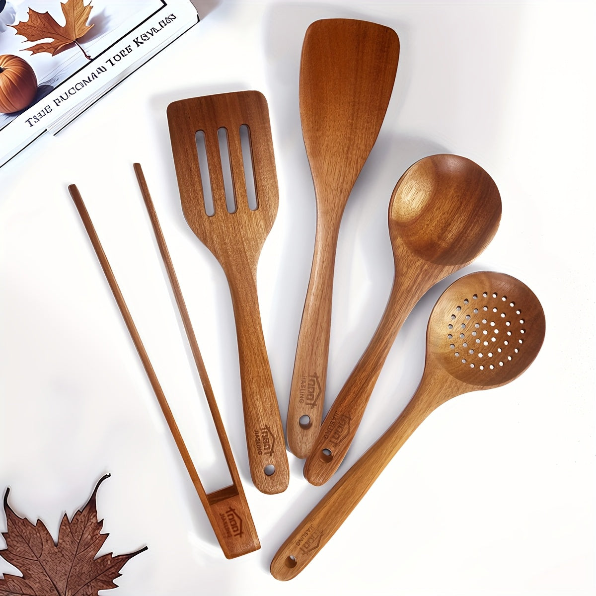 3/5/7Pcs Premium Wooden Kitchen Utensils Kit -Ergonomic Handles Natural Wooden Spoons Spurtle Ladle and Wok Spatulas Heavy-Duty Wooden Utility Set for Non-Stick Pans Heat Resistant Easy to Clean and Durable Kitchen Essentials Cookware Accessories