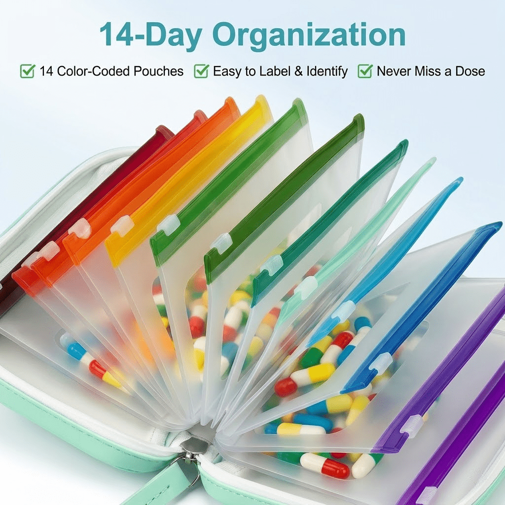Weekly Pill Organizer Bag with 14 Color-Coded Reusable Pill Pouches, A8 Zipper Medicine Storage Set for Travel, Vitamins and Fish Oil