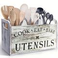 Vintage Wooden Utensil Organizer, 3-Compartment Kitchen Storage Box for Countertop or Wall Mounting in Grayish White or Black for Cooking Tools