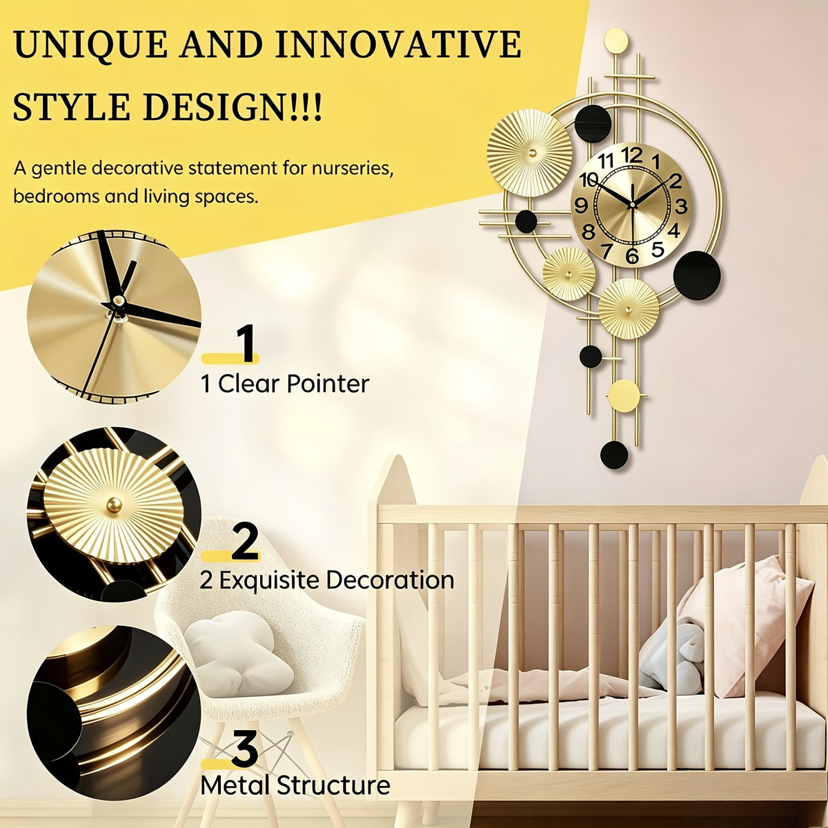 Nordic Decorative Wall Clock, Gold and Black Metal Geometric Wall Art with Analog Numbered Dial and Silent Design for Living Room and Bedroom
