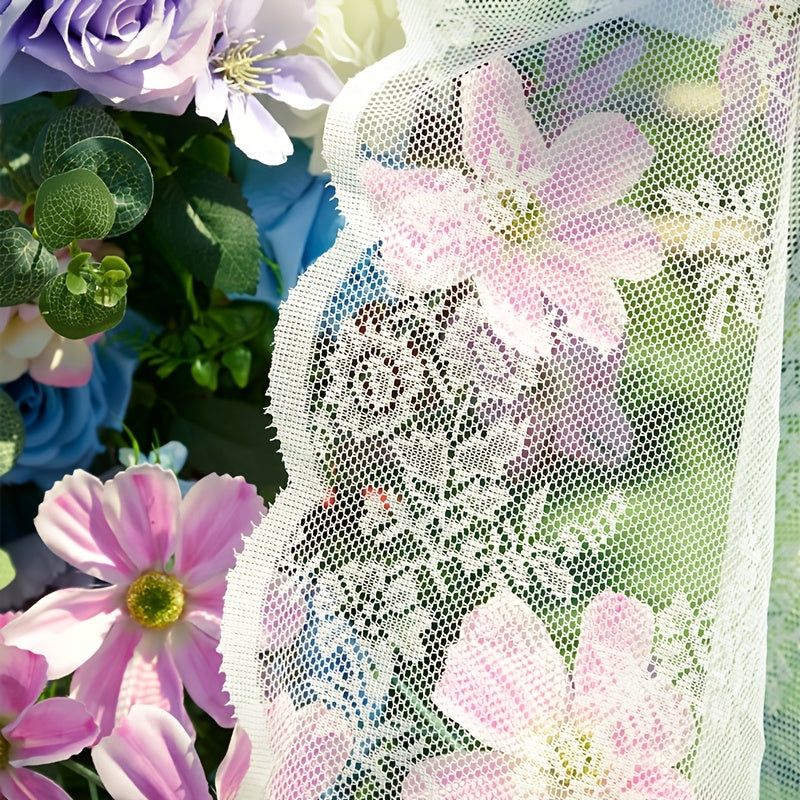 Romantic Pastoral Lace Sheer Curtain for Balcony and Office, Translucent Window Drapery with Floral Pattern, Machine Washable Polyester, Rod Pocket Design - 1pc