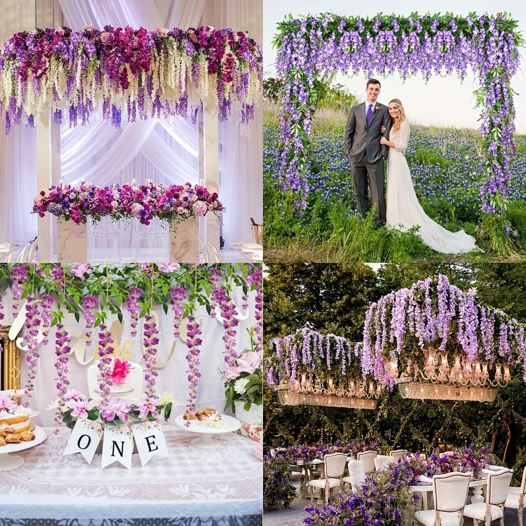 24 Pack (Total 90 Feet) Artificial Fake Wisteria Vine Rattan Hanging Garland Flowers String Home Party Wedding Decor (24, Purple)