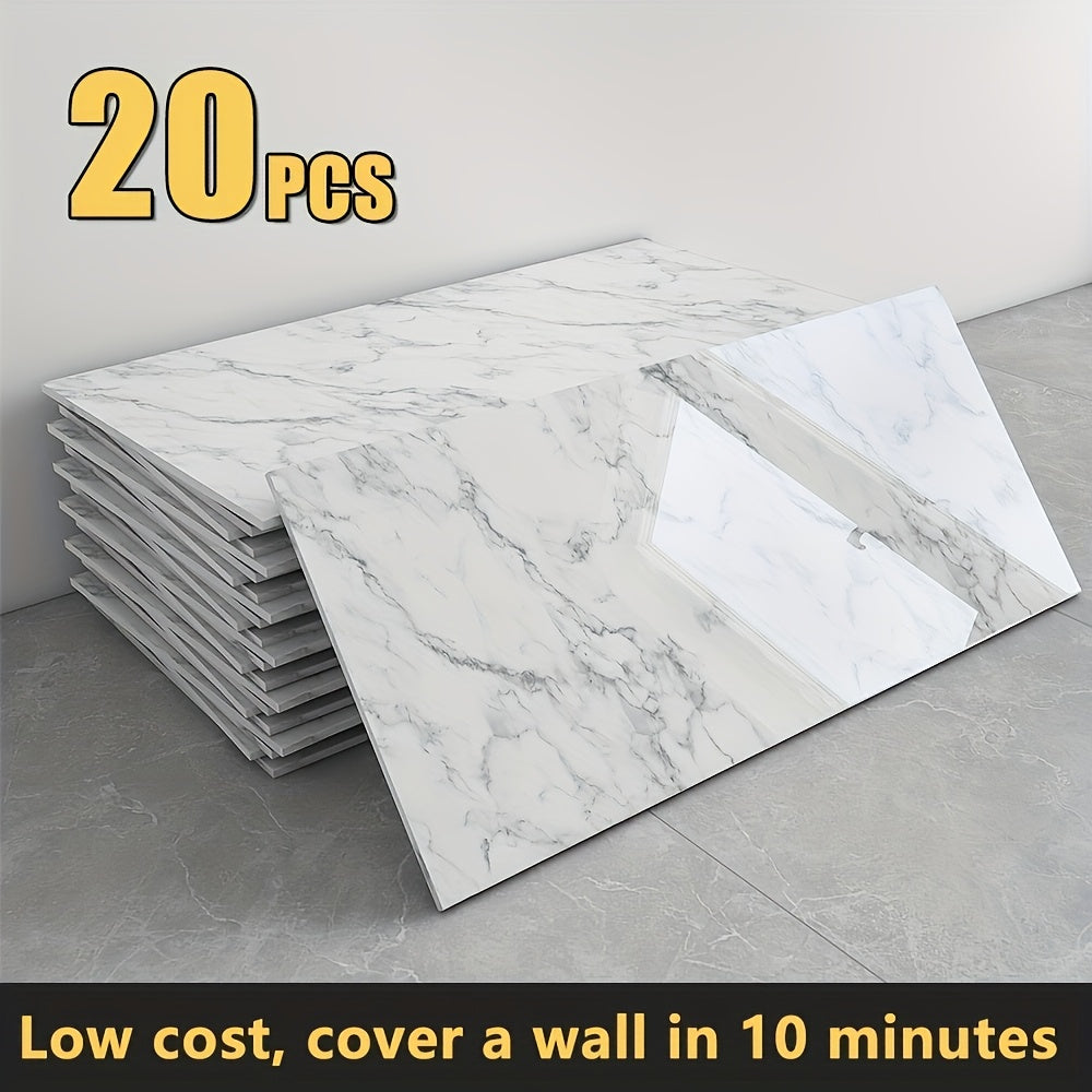 20/40pcs Glossy Marble Pattern Wall Panels Wall Sticker Set, Self-Adhesive Detachable PVC Wall Panels Wall Decals, Waterproof Peel And Stick Backsplash for Kitchen, Bathroom, Living Room, Home, Office, Dorm Decor