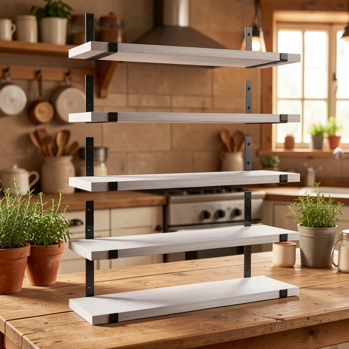 Floating Wood Wall Shelves, 5 or 10 Piece Rustic Storage Set in Gray or White, 15.8 x 4.7 Inch Ledges for Kitchen Organization and Room Displays