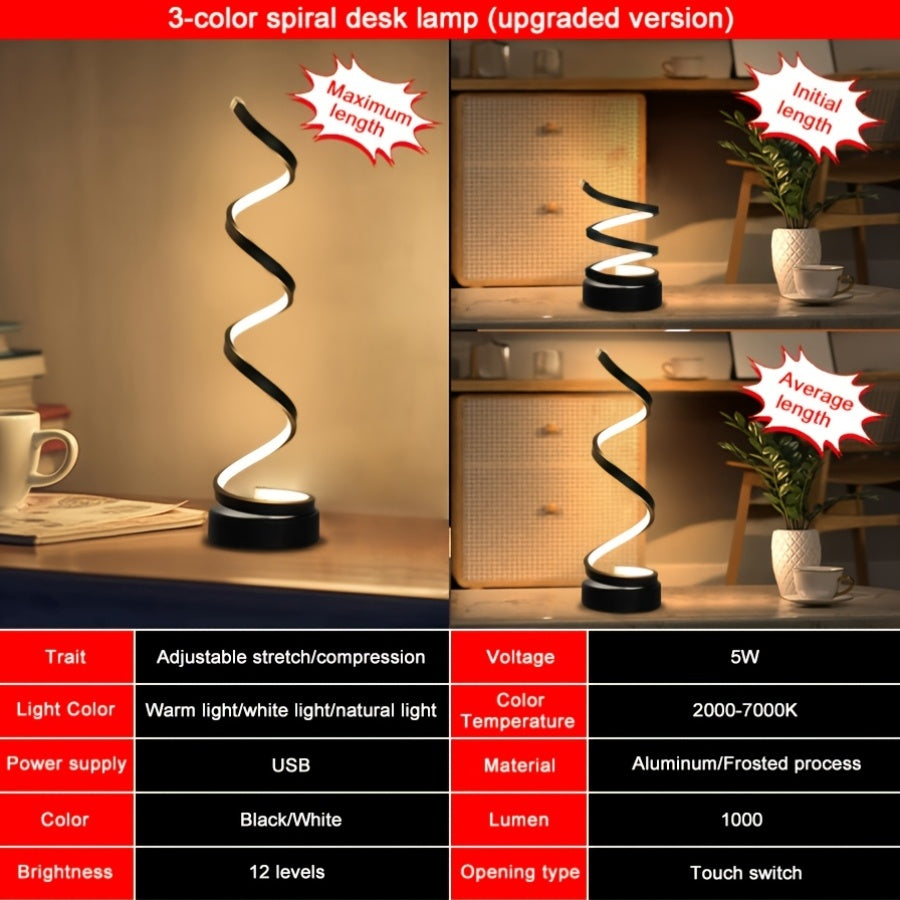 Bedside Table Lamp for Bedroom - 2/1 Pack Touch Lamp USB C Charging Ports, 3 Way Dimmable Modern Minimalist Dimmable Spiral Table Lamp for Living Room, Desk, LED Bulb Included (Black/White)