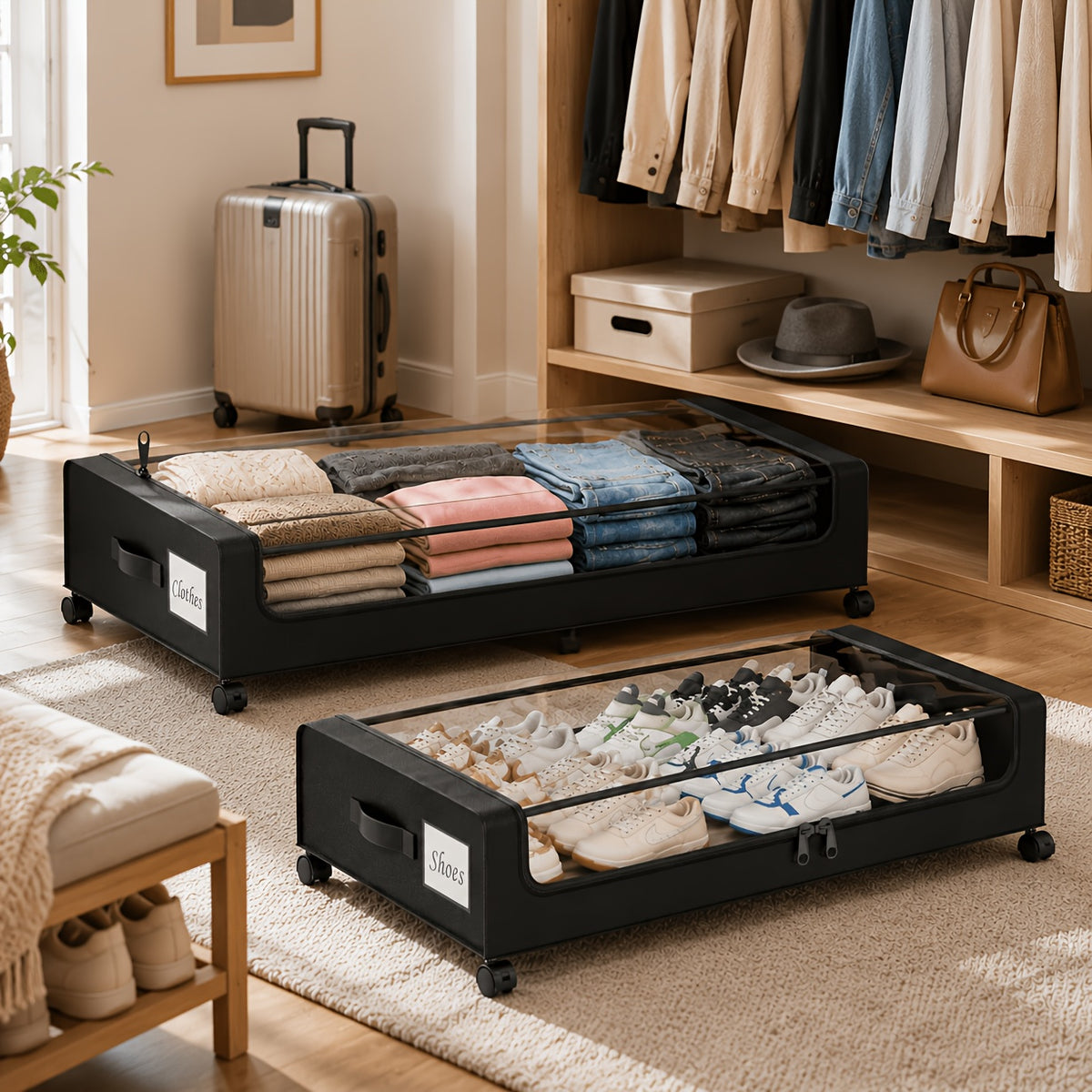2-Pack Under Bed Storage with Wheels: XXL 17.17gal Underbed Storage Containers with Clear Lids - Rolling Drawers And Bins for Shoes, Clothes in Dorm Bedroom - Space-Saving Easy Pull-Out, Black, Under-Bed Storage