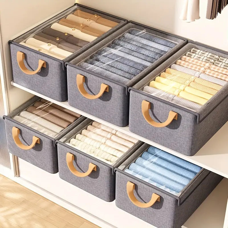 4/ 6pcs Clothes Organizer Box With Handles, Foldable Wardrobe Storage Box With Steel Frame, Stackable Sundries Storage Box With Bottom Plate, Storage Box With Transparent Visual Lid - 18.5*11.02*7.87inch
