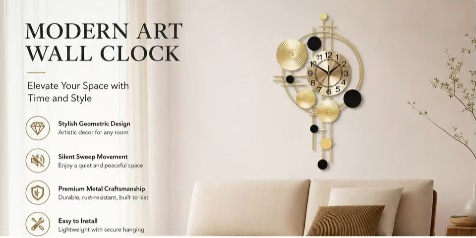 Nordic Decorative Wall Clock, Gold and Black Metal Geometric Wall Art with Analog Numbered Dial and Silent Design for Living Room and Bedroom