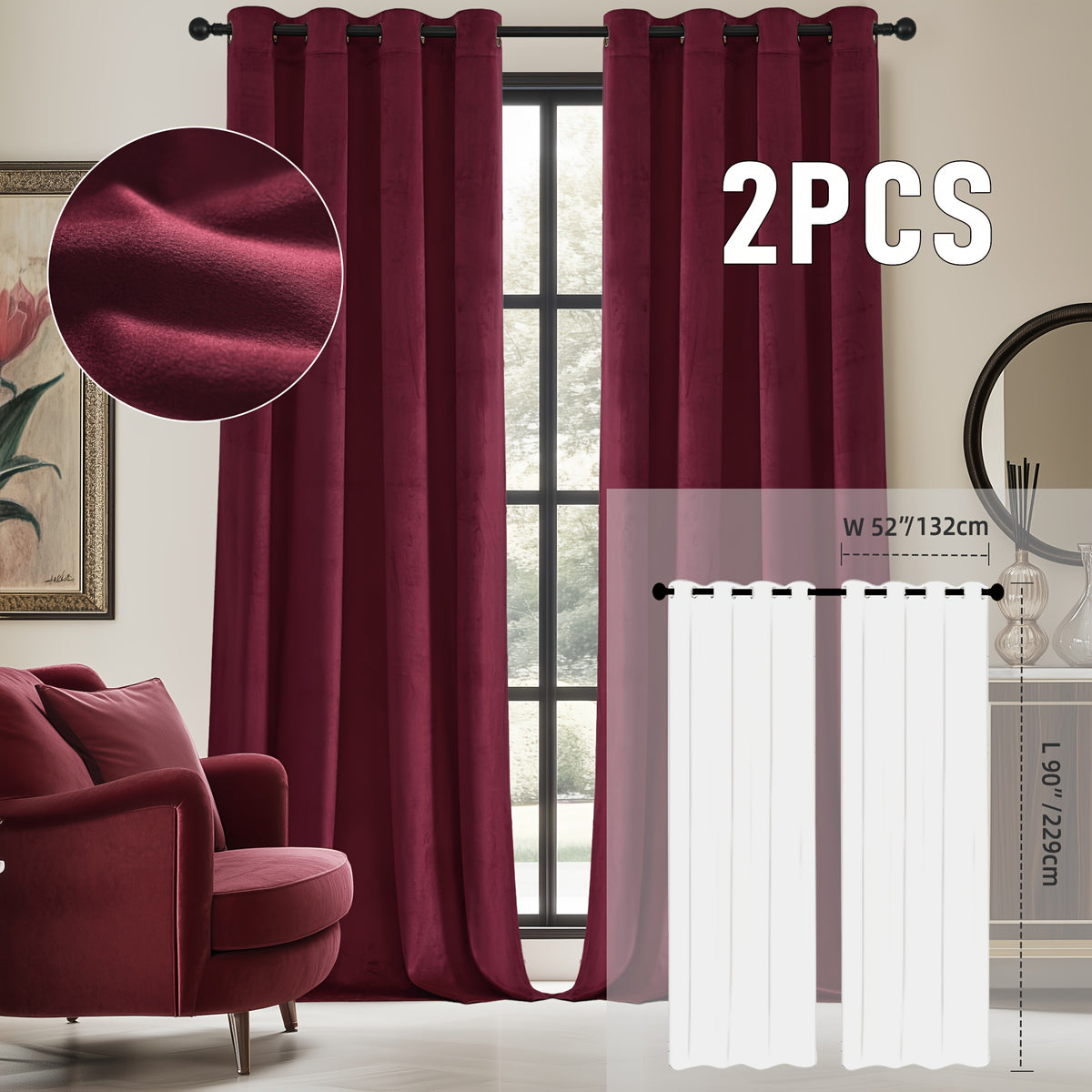 2pcs Velvet Room Darkening Curtains | Vintage Soundproof and Thermal Insulated, Elegant Soft Velvet Grommet Top Curtains for Living Room and Bedroom, Unlined, Solid Color, Fashionable Valentine'S Day Décor