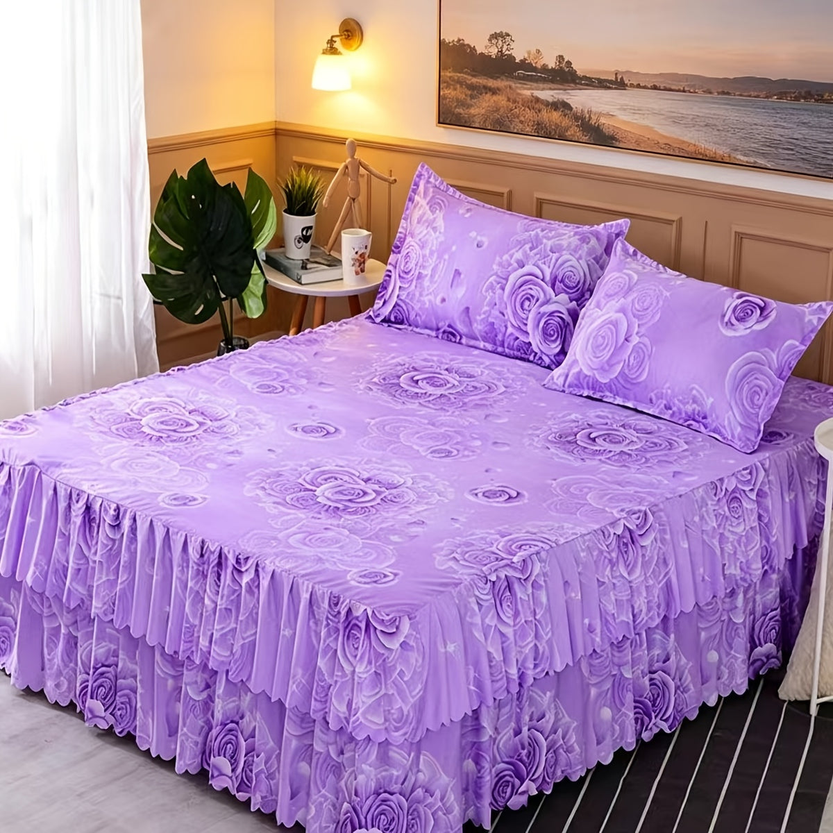 3pcs Tropical Floral Bed Skirt Set - Includes 1Non-slip Lace Bed Skirt And 2 Decorative Pillowcases All-season Polyester Bedding with Ruffles Machine Washable. Elegant Purple Color, Suitable for Bedrooms And Guest Rooms Bedding Set Without Inserts