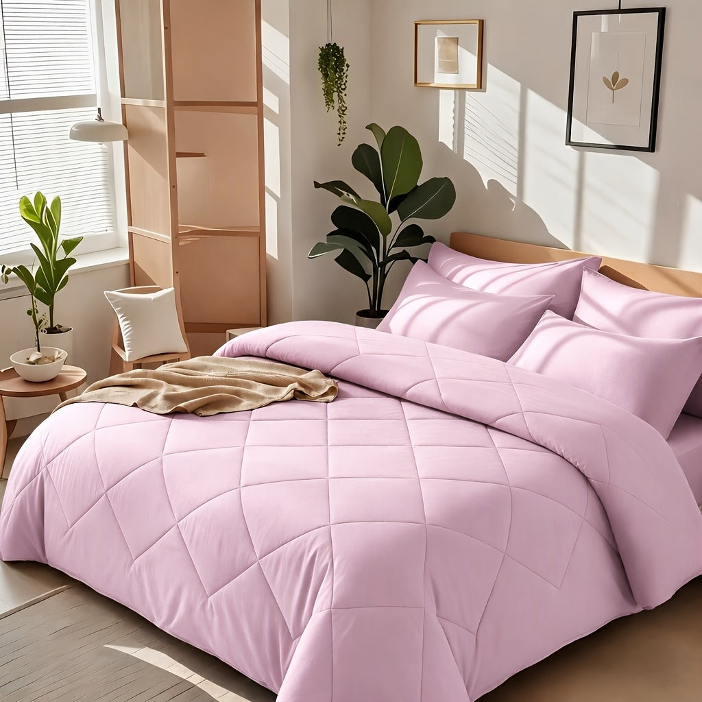 2/3pcs Solid Color Rhombus Grid Queen/King Size Bedding Set Soft, Comfortable, Fluffy Microfiber Filling Lightweight Breathable Fabric Easy Care All Season Use Includes Comforter Pillowcases Luxury Quality
