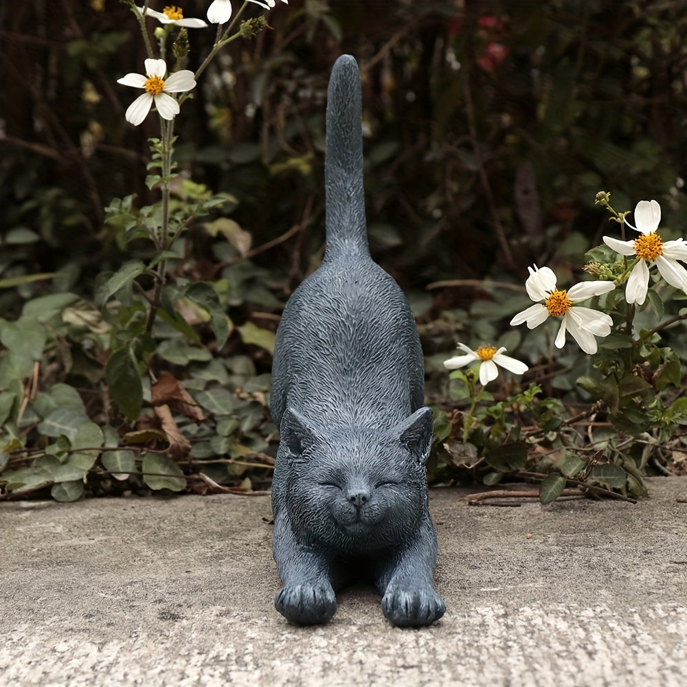 Yoga Cat Statue in Grey Resin, Hand-Painted Stretching Cat Figurine for Home, Office and Garden Decor, Decorative Sculpture Gift for Cat Lovers
