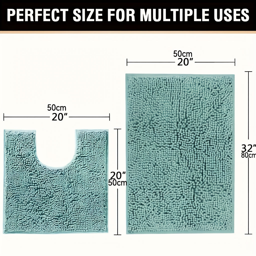 AIERJIA Original Shaggy Chenille 2pcs Bath Rug Set, Featuring a 20X20 Square U-Shaped Contoured Toilet Mat And a 32X20 Carpet Rug, Both Machine Washable And Dryable, Offering Soft And Plush for Your Tub Shower in Eggshell Blue