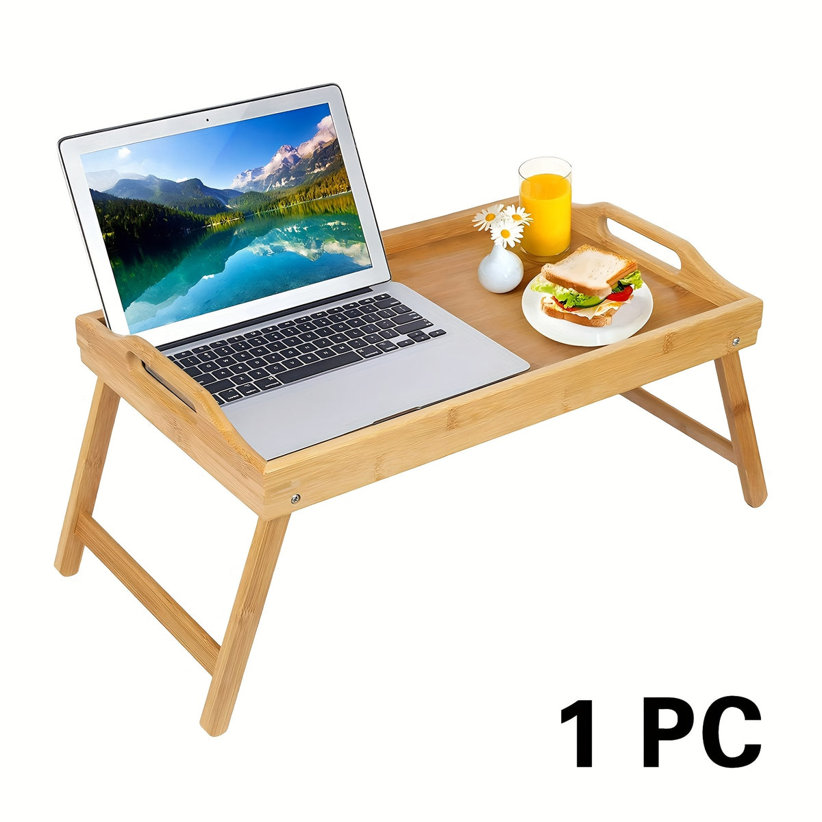 A Bamboo Bed Tray Table Measuring 19.32 by 11.83 Inches, Featuring Handles And Folding Legs, Perfect for Breakfast, Snacks, Or Working While on The Sofa Or Bed, Sold in a Half Pack