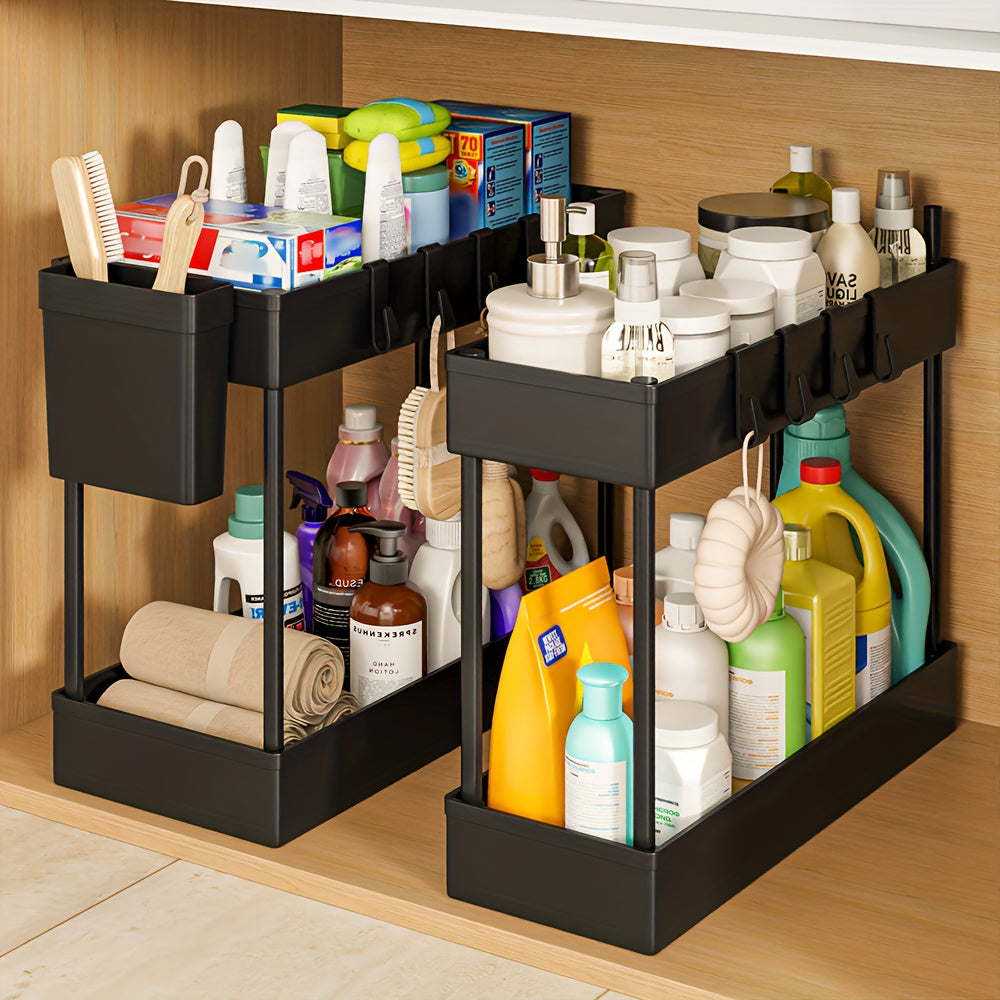 [2pcs Under Sink Organizer] Under Sink Organizer 2pcs, Under Sink Organizers And Storage, Double-tier Sliding Storage Basket, Kitchen Accessories, Kitchen Storage Solutions, Bathroom Organizers And Storage, Storage Rack with 8 Hooks.