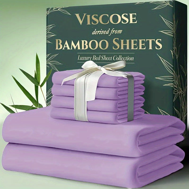 Extra Deep Pocket Bamboo Sheets - 4/6pcs Breathable & Cooling Bamboo Bed Sheet Set, Hotel Luxury Fitted Sheet Set, Soft Wrinkle-Free for Extra Deep Mattresses, Room Decor, Twin/Full/Queen/King Size Sheet & Pillowcase Sets