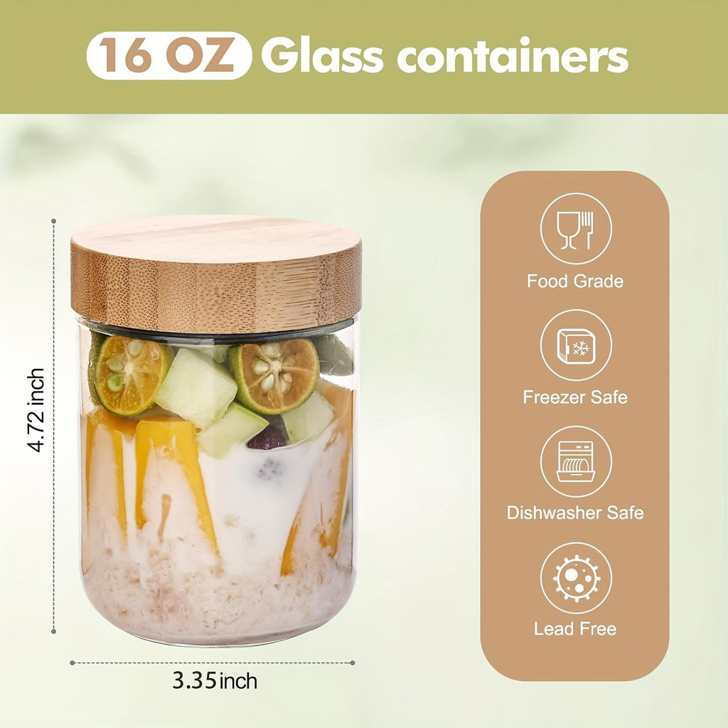 4/6-Pack Overnight Oats Containers with 4/6pcs Spoons And Bamboo Lids, Glass Jars with Airtight Lids for Meal Prep, Wide Mouth Mason Salad Jars, Glass Food Storage Container for Yogurt Chia Snacks Spice Sugar