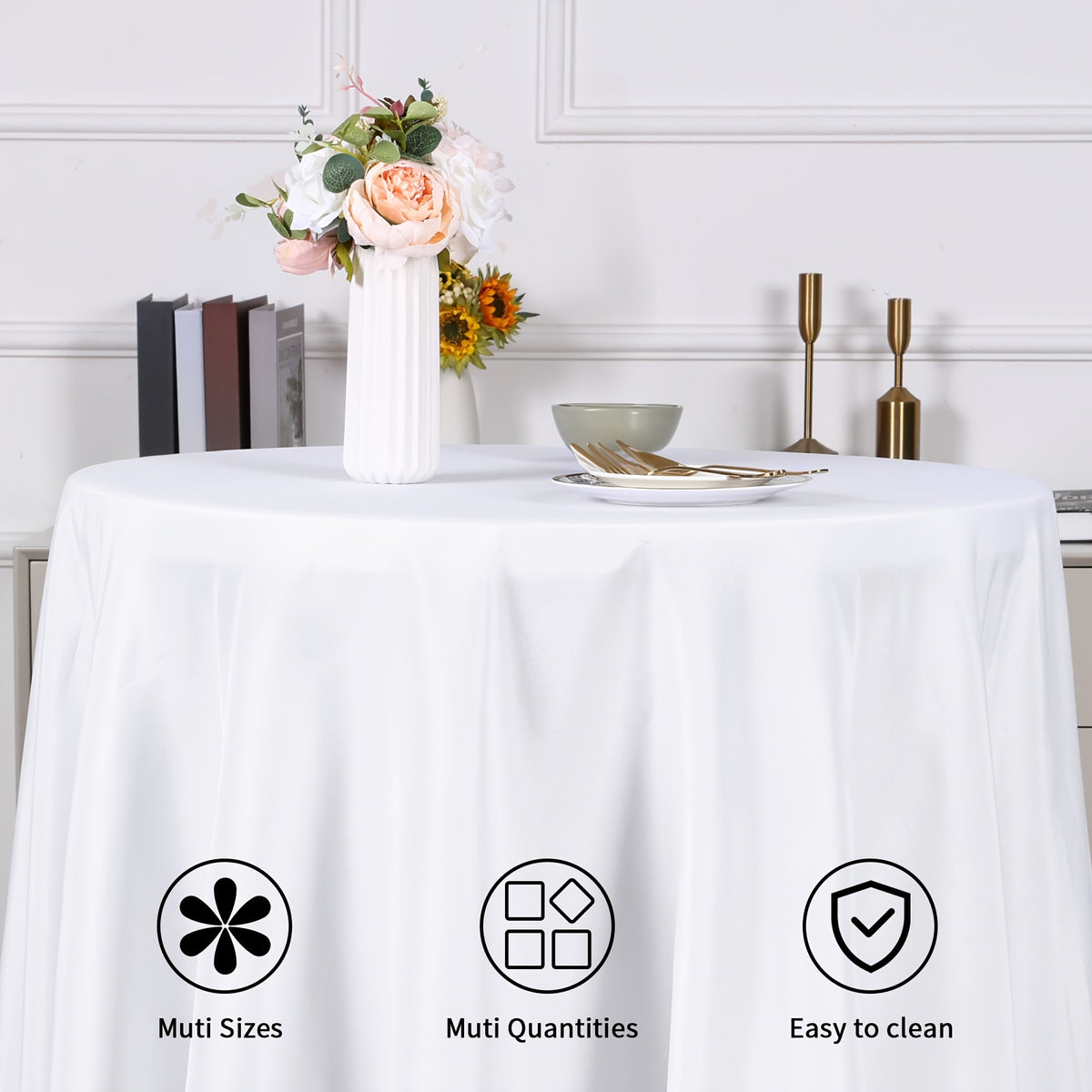 WHONLINE 6/10pcs Round Tablecloth 90/120 Inch, White/Black, Table Cloth, Washable Polyester Table Cover for Dining Tables, Buffet, Parties And Camping, for Weddings, Graduation, Summer Party
