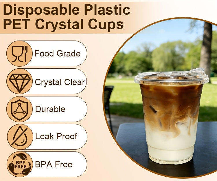[100 Sets Of Plastic Cups with Lids]Frozen Cold Drink Storage Containers, Disposable Clear Plastic Cups with Lids, Iced Coffee Cups, Ideal for Iced Coffee, Smoothies, Milkshakes, Takeaway And Cold Drinks Perfect for Halloween, Christmas, And Parties