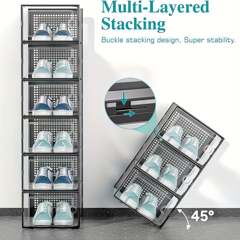 6/12/24pcs Thickened Transparent Shoe Boxes with Lid, Foldable Stackable Free Combination Shoe Rack, Plastic Sneaker Container, Space Saving Storage Organizer for Entryway Bedroom, Home Shoe Box Shoe Racks Shoe Storage Organizer Shelf