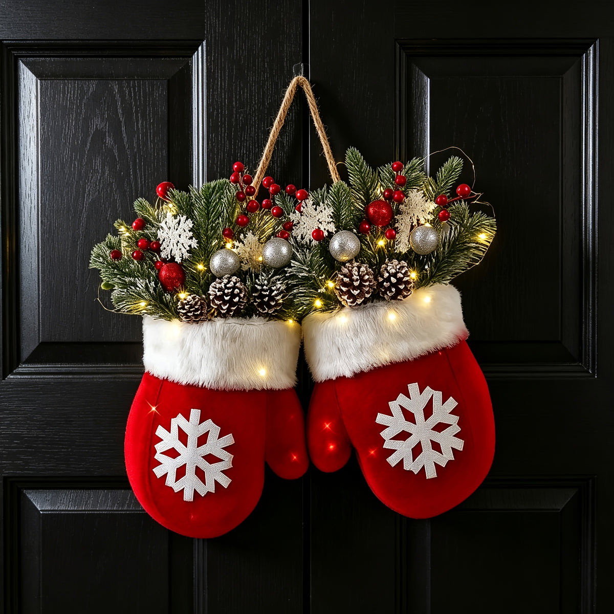 Flashing Christmas Glove Wreath With 20 LED, Christmas Wreath For Front Door With Artificial Pine Branches, Red Berries, And Frosted Pine Cones, Suitable For Indoor/Outdoor Decoration, Used For Christmas Tree, Wall Decoration